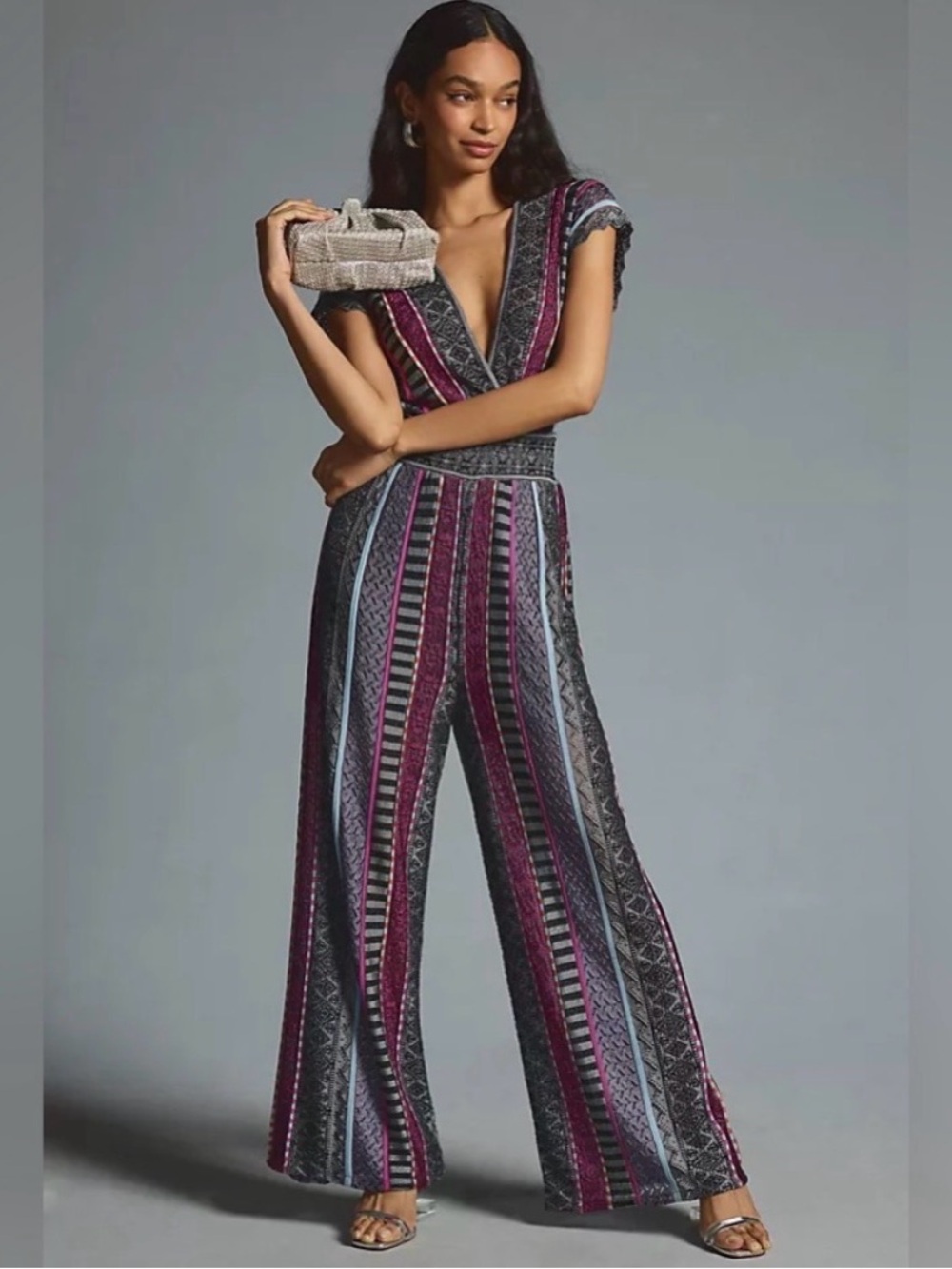 NWT Cecilia Prada Striped V-Neck Wide-Leg Jumpsuit in Plum & Gray